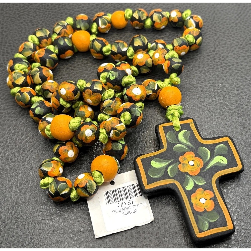 Artemanos Hand-Painted Mexico Pottery Clay Cross Rosary Necklace Orange Green